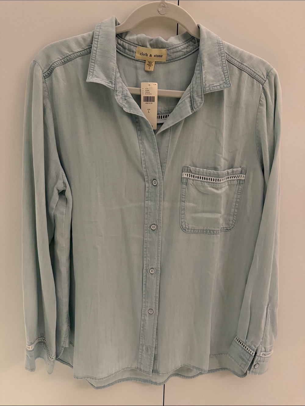 NWT Anthropologie Cloth & Stone Light Wash Tencel Ladder Trim Shirt L